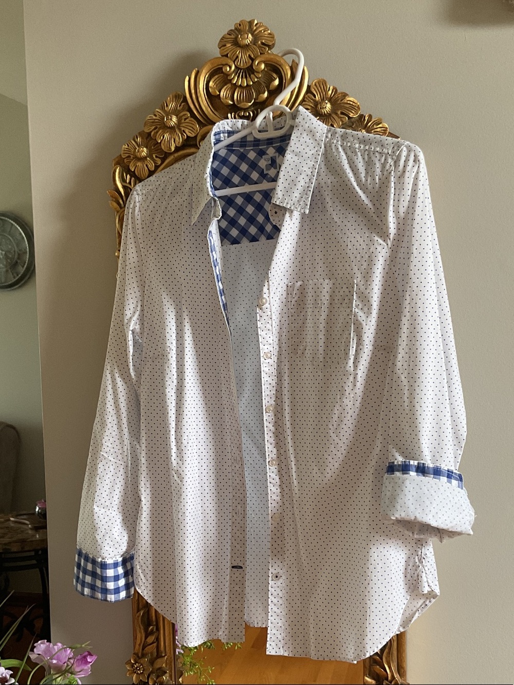 JCPenney Cotton White Button-Up Shirt with Navy Micro-Dot and Gingham Trim M